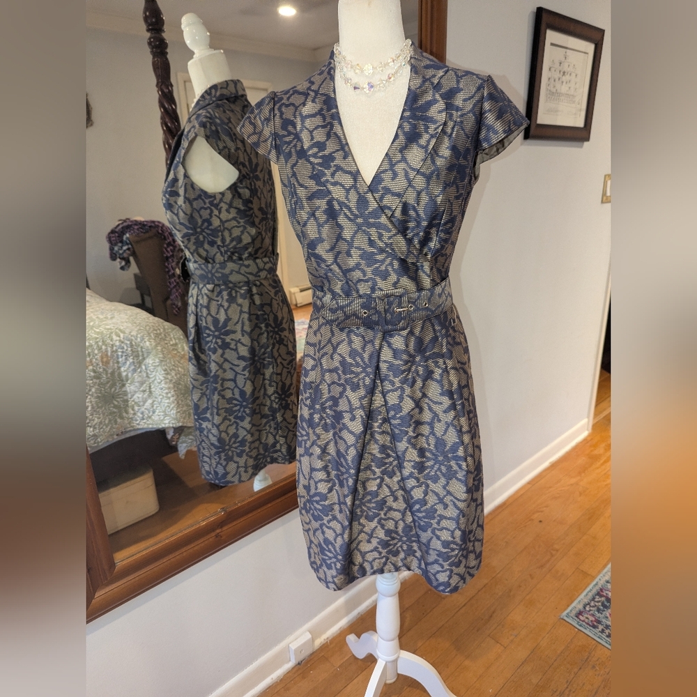 Aidan Mattox Navy and Cream Floral Jacquard Wrap Midi Dress
